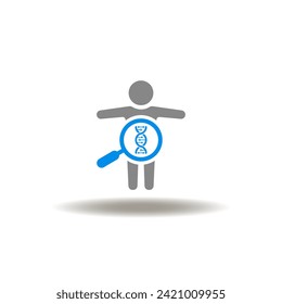 Vektorgrafik des menschlichen Körpers und Lupe mit dna helix. Ikon der Forschung, Tests, Untersuchung der menschlichen Gesundheit. Symbol des BMI Body Mass Index.