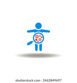 Vector illustration of human body and magnifier with viruses or bacterium microorganisms. Icon of autoimmune disease research. Symbol of health test examination.