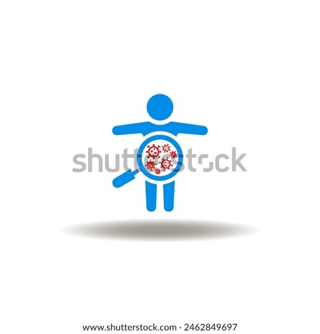 Vector illustration of human body and magnifier with viruses or bacterium microorganisms. Icon of autoimmune disease research. Symbol of health test examination.