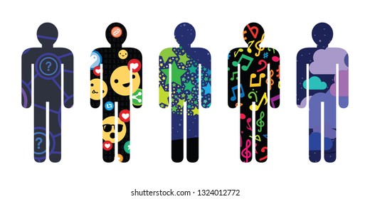 vector illustration of human body silhouettes with different colorful patterns for social life and personal character visuals