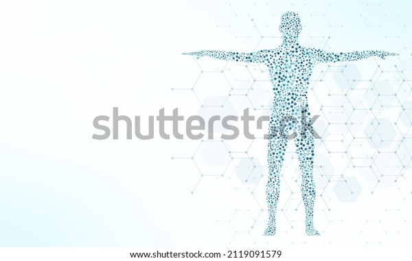 Vector illustration of the human body with\
structure molecules DNA. Concept and idea for medicine, healthcare\
medical, science, and\
technology