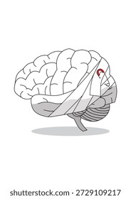 Ilustración vectorial de un cerebro humano con un vendaje y un pasador de seguridad. Un problema de salud mental.