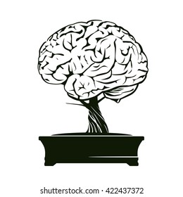 Vector Illustration of human brain and bonsai tree.