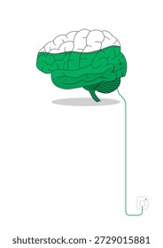 Ilustración vectorial de un cerebro humano cargando en una toma de corriente de pared con cable de alambre verde y un indicador de nivel verde en el cerebro.