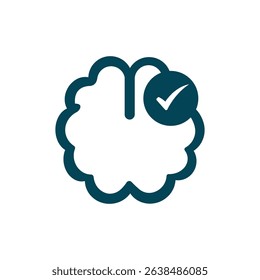 Vector illustration of a human brain with check mark symbol, representing intelligence, verified thinking, and mental approval.