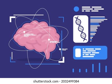 Ilustración vectorial del cerebro humano con un diseño futurista de elementos, bloques de información con datos sobre actividad cerebral