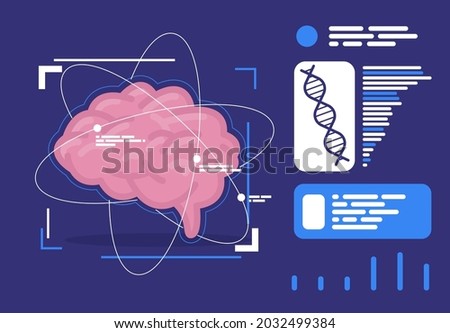 Vector illustration of the human brain with a futuristic design of elements, blocks of information with data on brain activity
