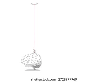 Vector illustration of a human brain with a hand reaching out holding a red rope life line to climb through the hole either for an escape or a new goals or path.