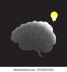 Vector illustration of a human brain and an illuminated light bulb in a low key low light dim setting.