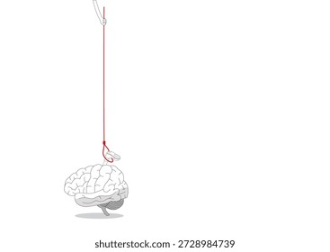 Vektorgrafik eines menschlichen Gehirns mit einem Bein, das aus dem Gehirn herausragt oder daran hängt, und einem roten Lasso-Seil mit einer helfenden Hand, die versucht, es herauszuziehen.