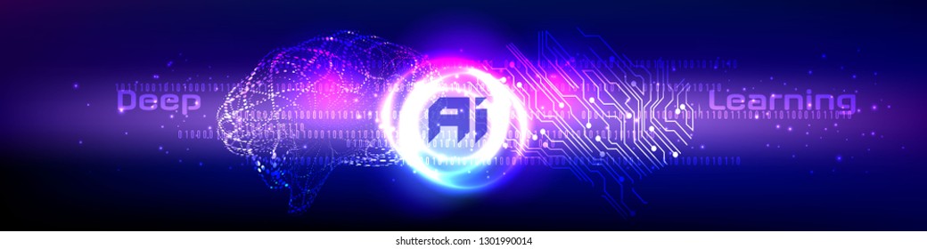Vector illustration of human brain made by tiny particles between glowing digital network for Artificial Intelligence (AI) deep learning concept.
