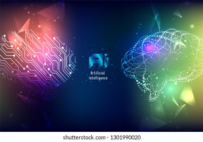 Vector illustration of human brain made by tiny particles between glowing digital network for Artificial Intelligence (AI) deep learning concept.