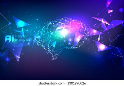 Vector illustration of human brain made by tiny particles between glowing digital network for Artificial Intelligence (AI) deep learning concept.