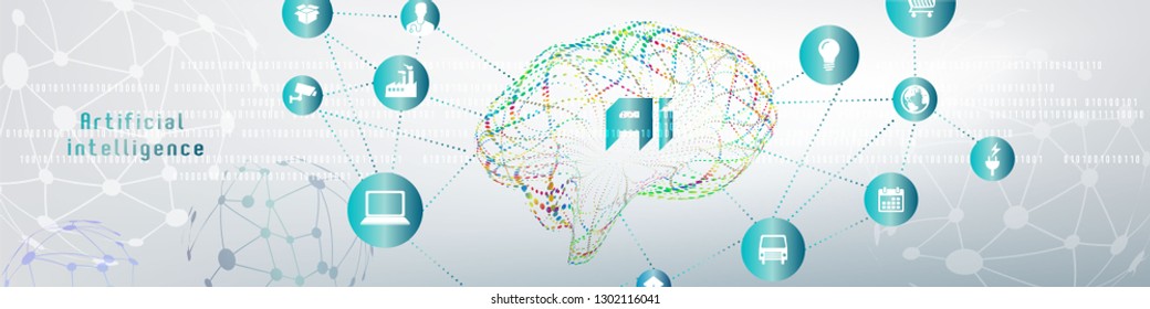 Vector illustration of human brain made by tiny particles between glowing digital network for Artificial Intelligence (AI) deep learning concept.
