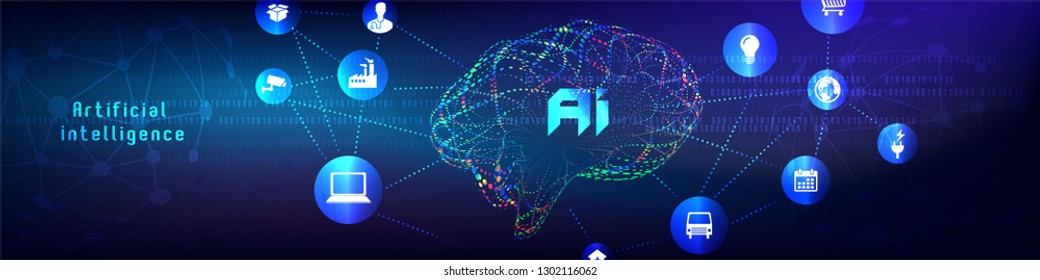 Vector illustration of human brain made by tiny particles between glowing digital network for Artificial Intelligence (AI) deep learning concept.