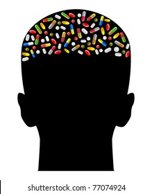 vector illustration of human brain made of various pills