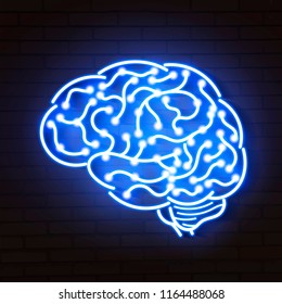 Vector illustration of human brain. Neon sign on blue background.