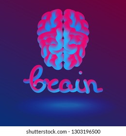 Vector illustration of human brain neon tubular gradient with text.