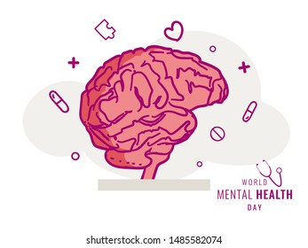 Vector illustration of human brain on abstract background for World Mental Health Day poster or template design.