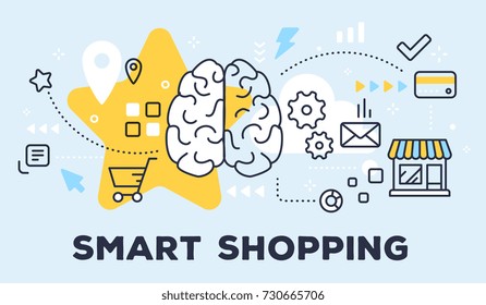 Vector illustration of human brain, store and icons. Smart shopping concept on blue background with title. Thin line art flat style design for web, site, banner, business presentation