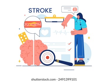 Una Ilustración vectorial de derrame cerebral humano que destaca detalles médicos, hemorragias y puntos de dolor para controles de salud en un fondo plano de caricatura