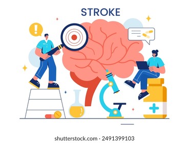 Una Ilustración vectorial de derrame cerebral humano que destaca detalles médicos, hemorragias y puntos de dolor para controles de salud en un fondo plano de caricatura