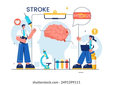 A Vector Illustration of Human Brain Stroke Highlighting Medical Details, Hemorrhage, and Pain Points for Health Checks in a Flat Cartoon Background