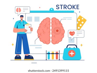 Una Ilustración vectorial de derrame cerebral humano que destaca detalles médicos, hemorragias y puntos de dolor para controles de salud en un fondo plano de caricatura