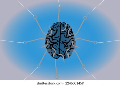 Vector illustration of human brain torn in all directions by fish hooks, concept of emotional uncertainty, life problems, recession, price increase and psychological crisis