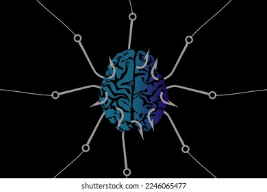 Vector illustration of human brain torn in all directions by fish hooks, concept of emotional uncertainty, life problems, recession, price increase and psychological crisis