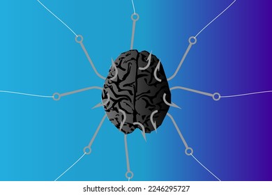 Vector illustration of human brain torn in all directions by fish hooks, concept of emotional uncertainty, life problems, recession, price increase and psychological crisis