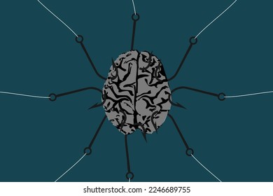 Vector illustration of human brain torn in all directions by fish hooks, concept of emotional uncertainty, life problems, recession, price increase and psychological crisis