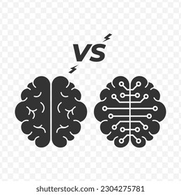 Vector illustration of human brain vs robot brain icon in dark color and transparent background(png).