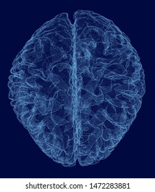 Vector illustration of a human brain wireframe made of blue lines on a dark background