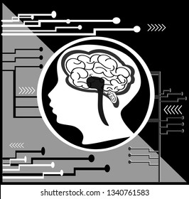 Vector illustration, the human brain in a world with electronic circuits, concept of communication And science development, education