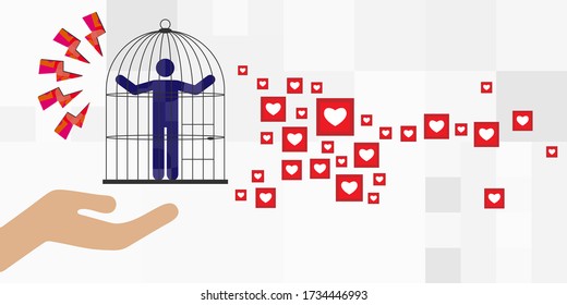 vector illustration of human in cage with holding hand for toxic love relationship concept