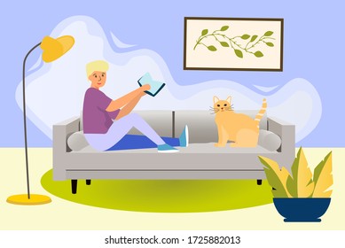 Vector illustration with human with cat sitting on a sofa and read the book. Concept stay at home for prevention from corona virus. For sites, articles, posters. Relaxing person vector illustration.
