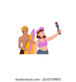 vector illustration of human character image taking selfie on the beach