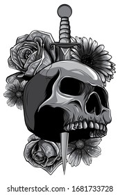 Vector illustration human death skull broken sword with roses