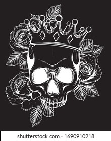 Vector illustration human death skull in crown with roses in black background