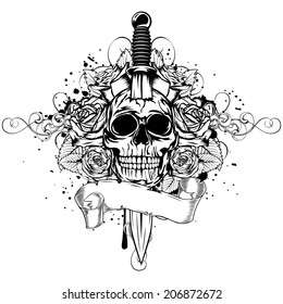 Vector illustration human death skull broken sword with roses