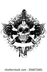 Vector illustration human death skull broken sword and tribal wings