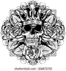 Vector illustration human death skull in crown with roses