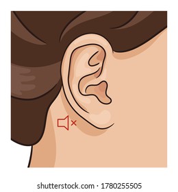 Ilustración vectorial del oído humano cerrado con parte de la cabeza y el pelo, sin señal auditiva. Estilo realista.