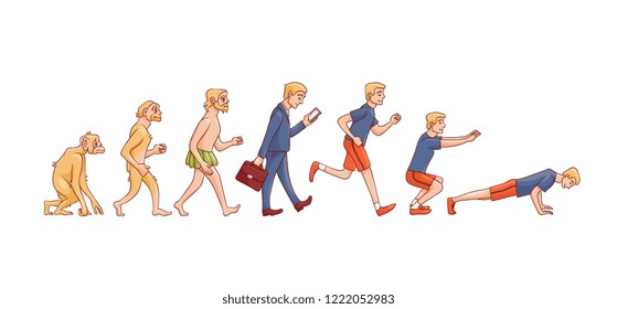 Vector illustration of human evolution from ape to man - hand drawn isolated evolutionary process of change and development from monkey via businessman in suit to sportsman doing exercises.