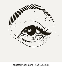 Vector illustration of human eye in engraved style.  New World Order. Eye of Providence. All seeing eye. Religion philosophy, spirituality, occultism, chemistry, science, magic.Isolated vector illustr