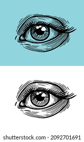 Vector illustration of human eye in engraved style line hand drawing