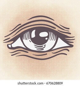 Vector illustration of human eye in vintage engraved style Isolated,  Sketch for tattoo, hipster t-shirt design, vintage style posters. Decorative  element in vintage style.