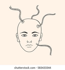 Vector illustration of human face with attached cables. Line art image in surrealistic style.