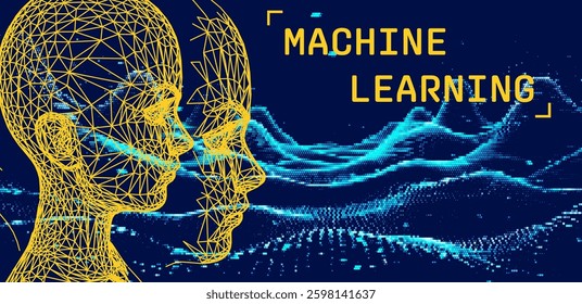 Vector illustration of a human face formed by yellow geometric lines, set against a digital backdrop. Modern cover highlights the theme of artificial intelligence and technology.